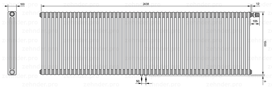 Схема (чертеж) Радиатор Zehnder Charleston 3150/53 №V008 Белый глянцевый RAL 9016